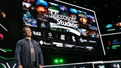 Phil Spencer, Head of Gaming at Microsoft, onstage at Xbox E3 2018 Briefing where Microsoft added five more creative teams to the Microsoft Studios family on Sunday, June 10, 2018 in Los Angeles. (Photo by Casey Rodgers/Invision for Microsoft/AP Images)